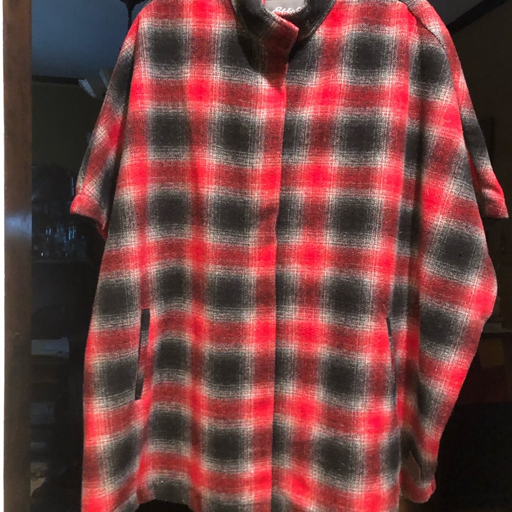 Eddie Bauer, wool-blend, black/red cape poncho jacket, size L